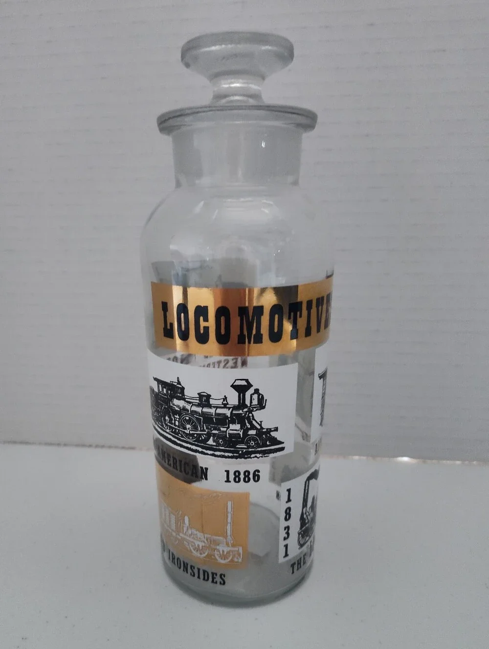 Vtg MCM L&L Glass Liquor Decanter Bottle Locomotives Trains Black Gold